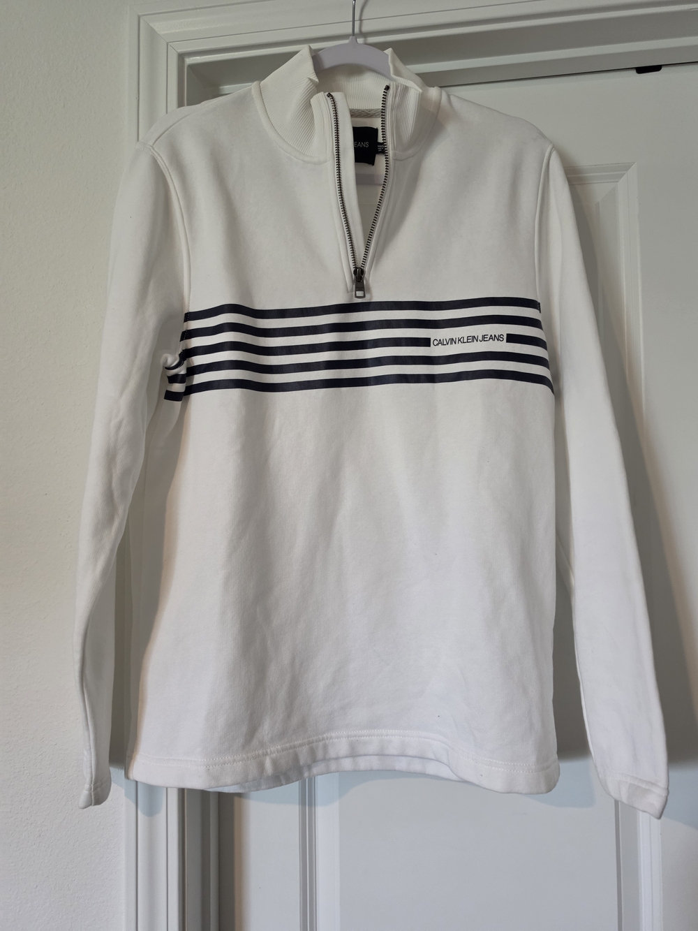 Calvin Klein Jeans White Half-Zip Sweater with Navy Stripes